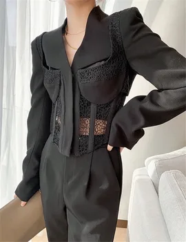 

Women's Tops 2020 Autumn New Runway Fashion Design Fish Bone Hollow Out Front Long Short Sexy Blouses Shirt