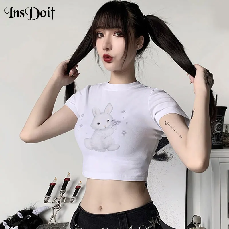 

InsDoit Harajuku Gothic O Neck Bodycon White T Shirt Streetwear Punk Short Sleeve Tshirt Women Casual Cute Rabbit Print Tops