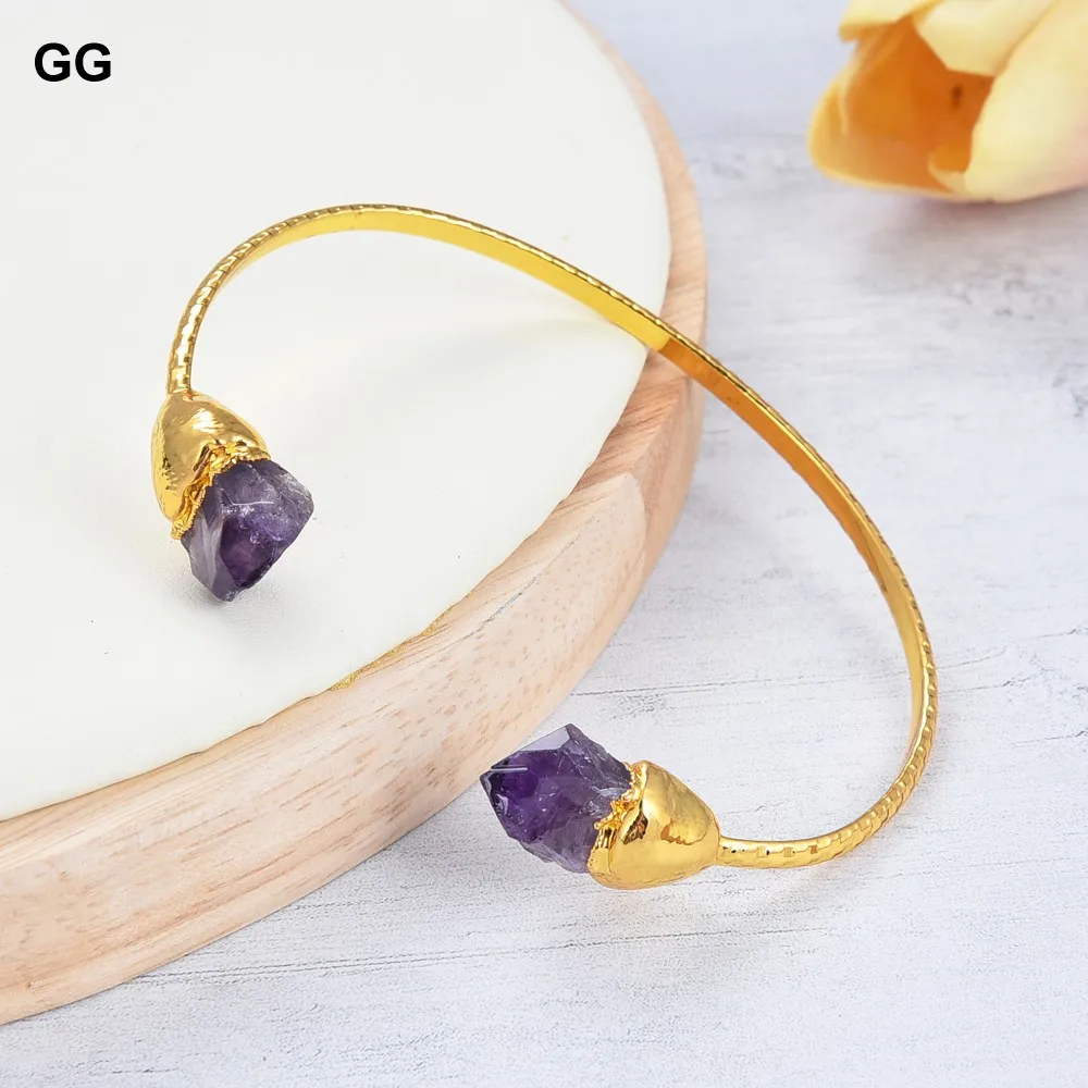 GuaiGuai Jewelry Natural Purple Amethyst Rough 24 K Yellow Golde Plated Bangle Bracelet