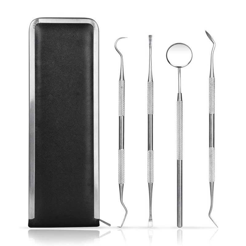 

Dental Prepared Teeth Cleaning Tools Hygiene Kit Remove tartar 4 Piece Mouth Mirror Tooth PickTarter Scraper and Dental Scaling