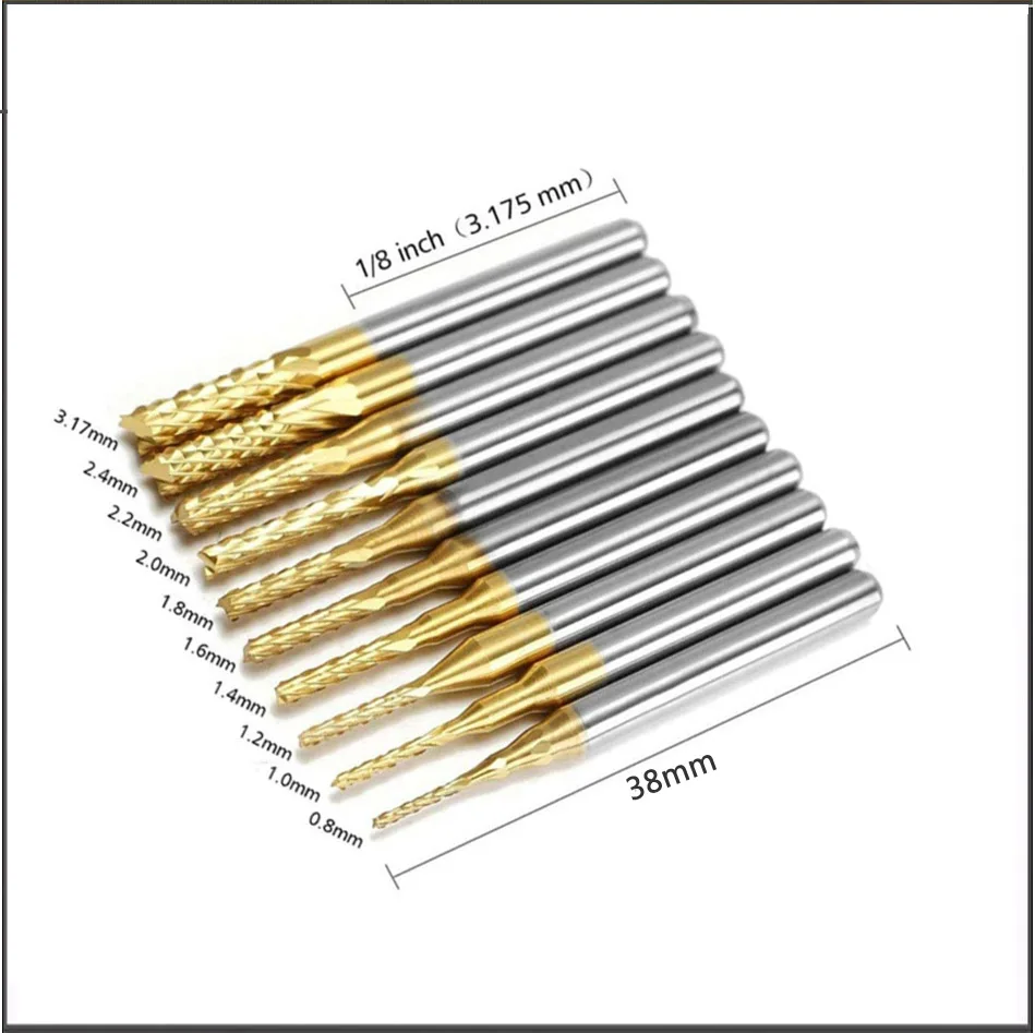 10pcs set 0.5 0.8 1.0 1.2 1.6 2.0 3.175mm Tungsten steel titanium coated rough corn milling cutter Engraving machine milling cut
