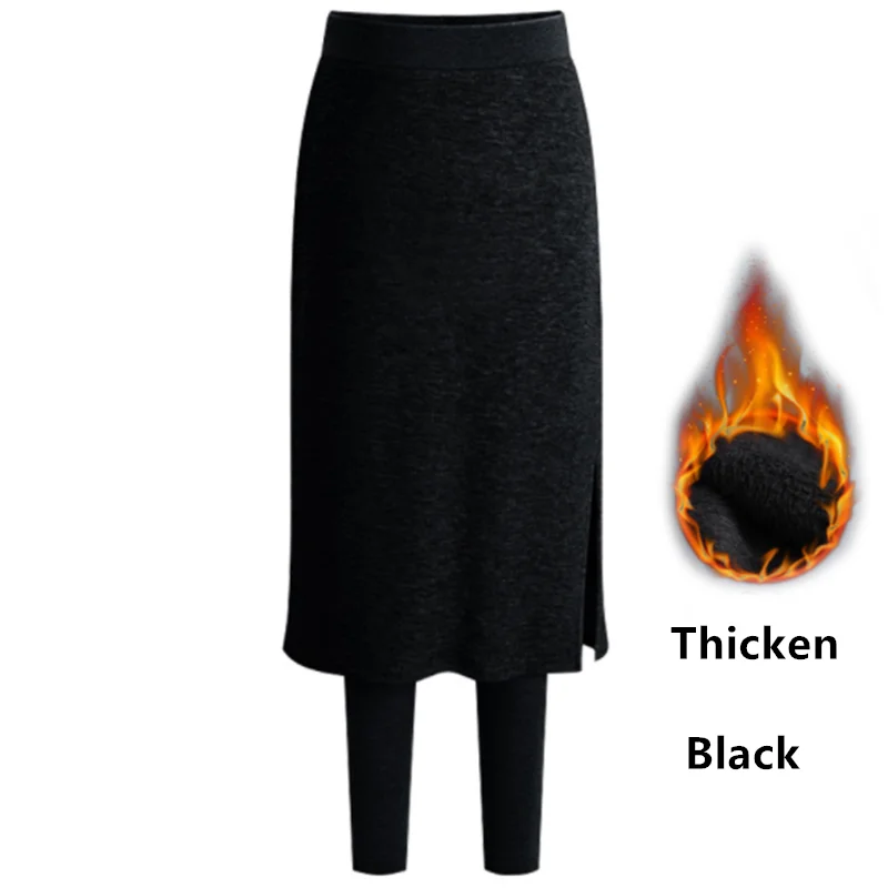 Black Thicken Elastic Waist Winter Bust Thicken Fake Two Pieces Female High Waist Mid-length Skirt Pants Autumn Keep Warm girls - Цвет: Black Thicken