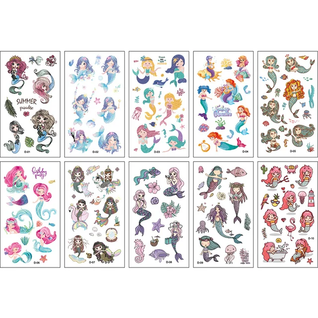 10Pcs/lot Cartoon Tattoo Stickers Children Hands Arm Unicorn Temporary Fake Tattoos Kids Birthday Party Decorations DIY Body Art mermaid