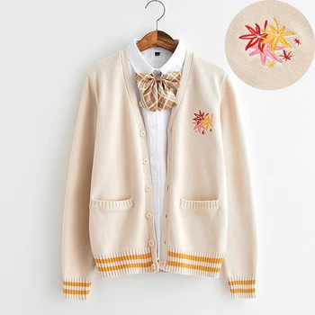 

Winter Women Maple leaf Embroidery Cardigan Sweater Jacket JK Uniform Teen Girl Thicken V-Neck Striped Outwear Tops Preppy Style