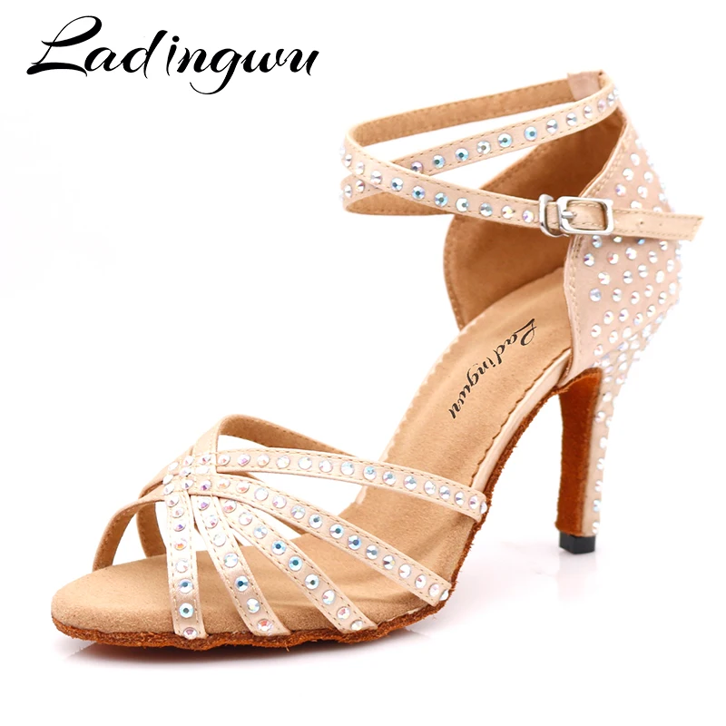 

Ladingwu Women Dance Shoes Skin Satin Shining rhinestones Soft Bottom Party Latin Dance Shoes Woman Salsa Dance Shoes heel6-10CM