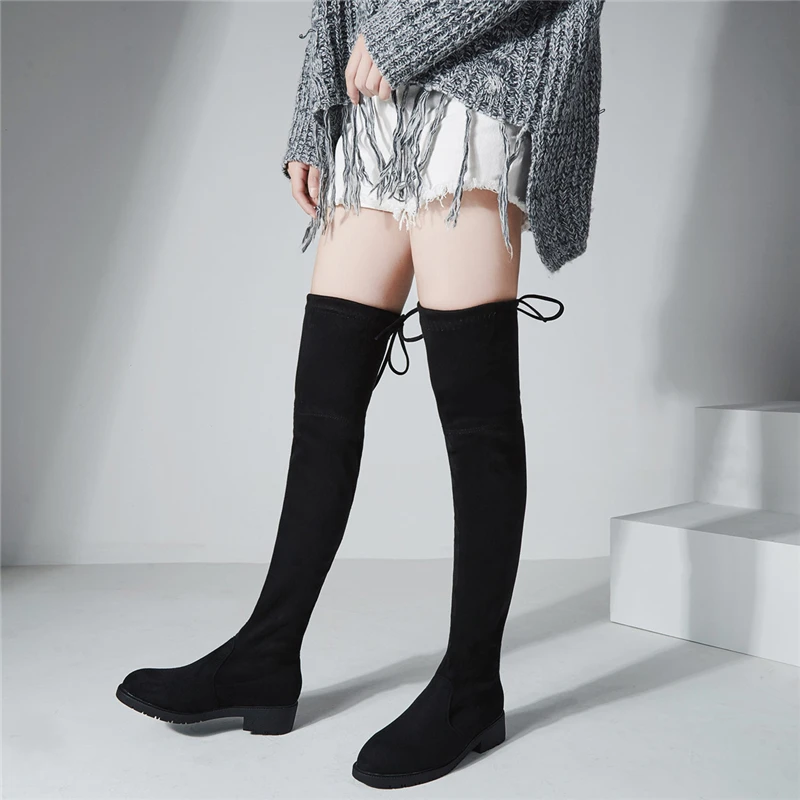

Women's Boots Over The Knee Long Tight High Boots Winter Stretchy Sexy Not Falling Lace-Up Thin Leg Female Booties Plus Size 43