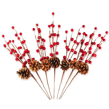 

12 Pcs Simulation Berry Branch Red Bubble Berry and Pine Cone Set Christmas Decoration Flower Arrangement -12 Inch