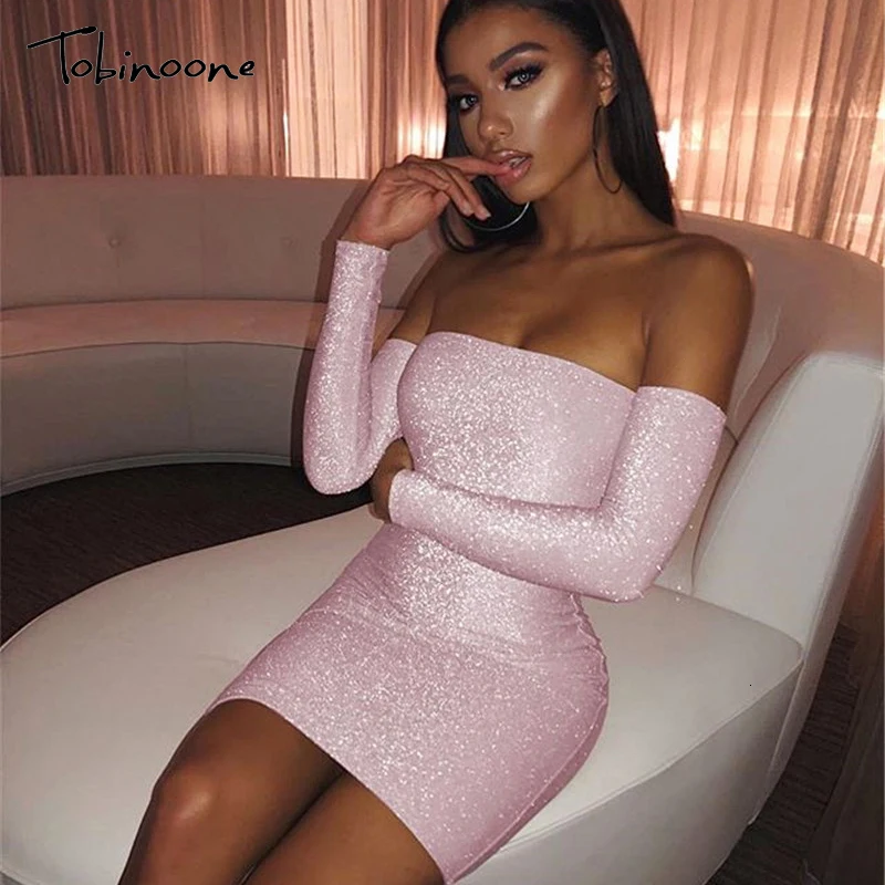 Tobinoone Slash neck bodycon mini dress Long sleeve one piece sexy dress Female autumn winter elegant party club night dress