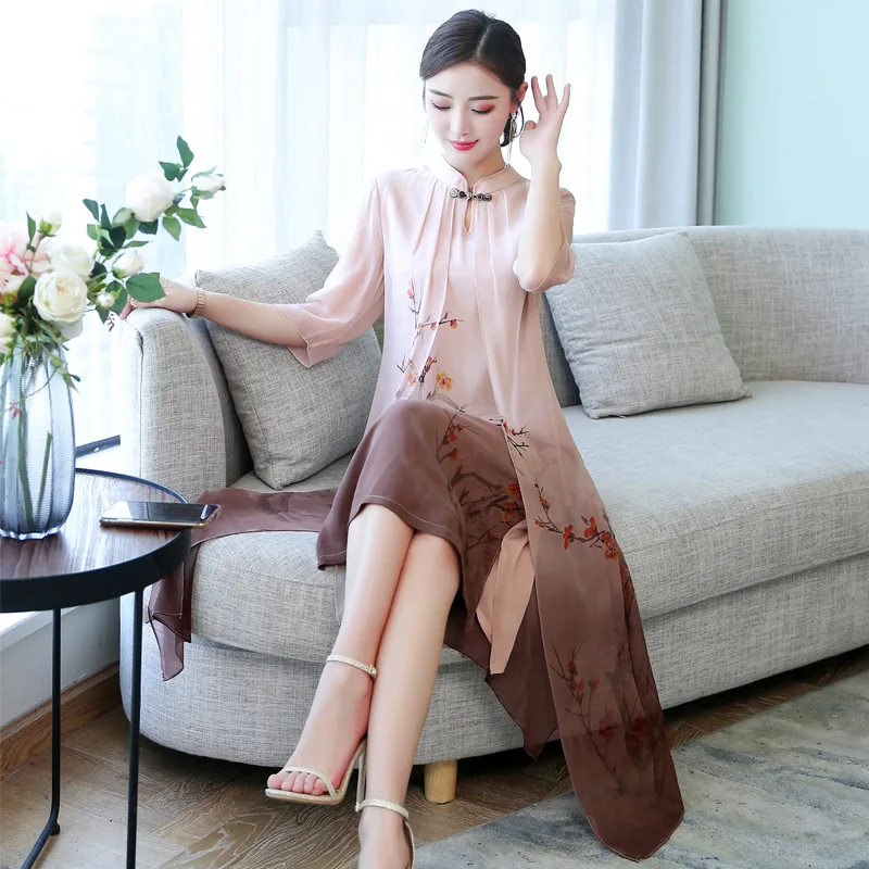 

2019 Summer Wear New Style Mock Two-Piece Mulberry Silk Large Size Chinese-style Printed Elegant Silk Dress Women's