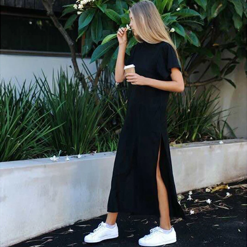 

Women's Summer Loose T Shirt Dress Black Solid Color Short Round Neck Split Plus Size 2019 New Women Summer Style Beach Party