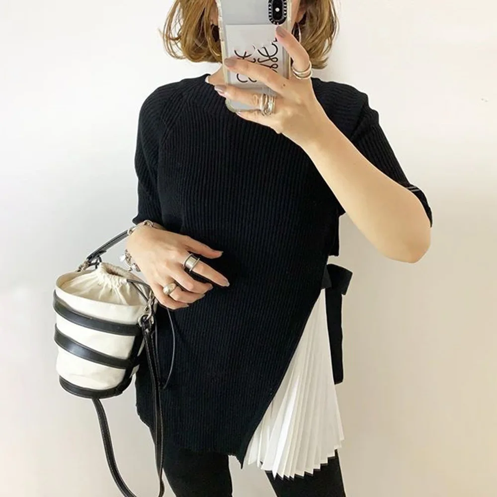 

Chic Knitted Pleated T-shirt Women Patchwork Asymmetrical Casual Female Knitwear Fall Summer Slim Sweater Pullover Korean Tops