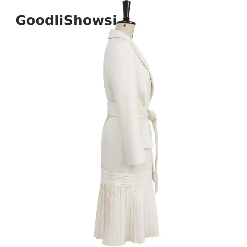 GoodliShowsi Normcore модное женское белое платье-блейзер с зубчатыми лацканами и карманами плиссированное платье с поясом