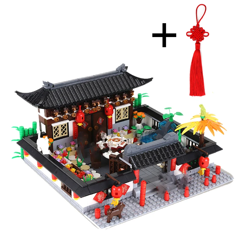 

2019 Chinese style series Building Blocks Spring Festival New Year's Eve Family Group Dinner Models Kits Kid new Year Toys
