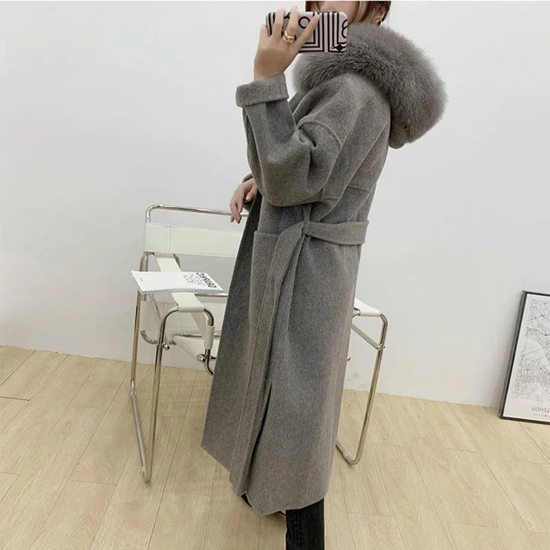 Cashmere Grey Coat With Belt And Fur Hood Cashmere Woolen Women