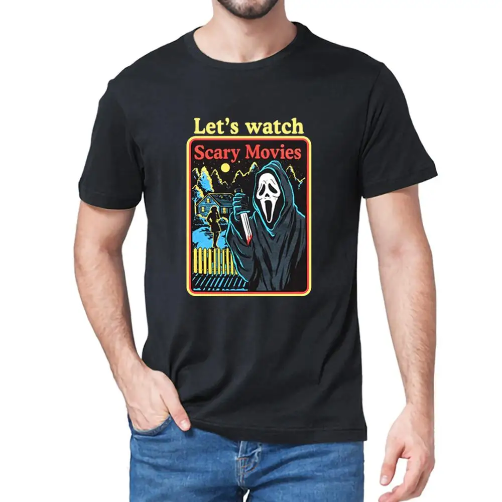 Unisex 100% Cotton Scream Movie Ghost Face Let's Watch Scary Movies Horror Movie Men T-Shirt Cotton Gift women top soft tee