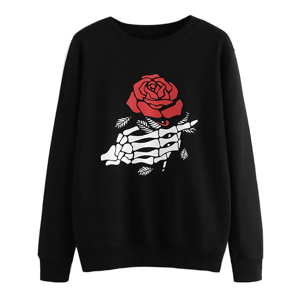 JAYCOSIN black round neck ghost claw rose print long-sleeved sweatshirt pullover casual hooded sweatshirt cool black street beat