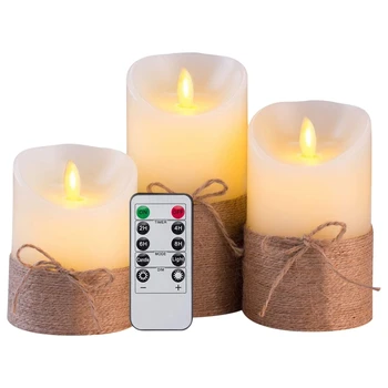 

Flameless Candles Battery Operated Simulation Electric LED Candle Set with Remote Control and Timer, with Hemp Rope