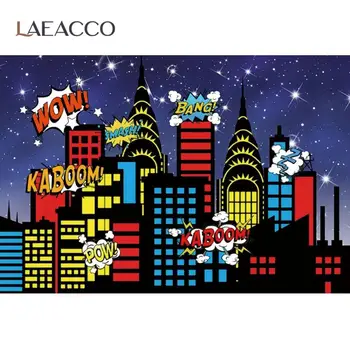 

Baby Comics Superhero Birthday Party City Building Family Celebration Photocall Photo Background Photographic Backdrop Photocall