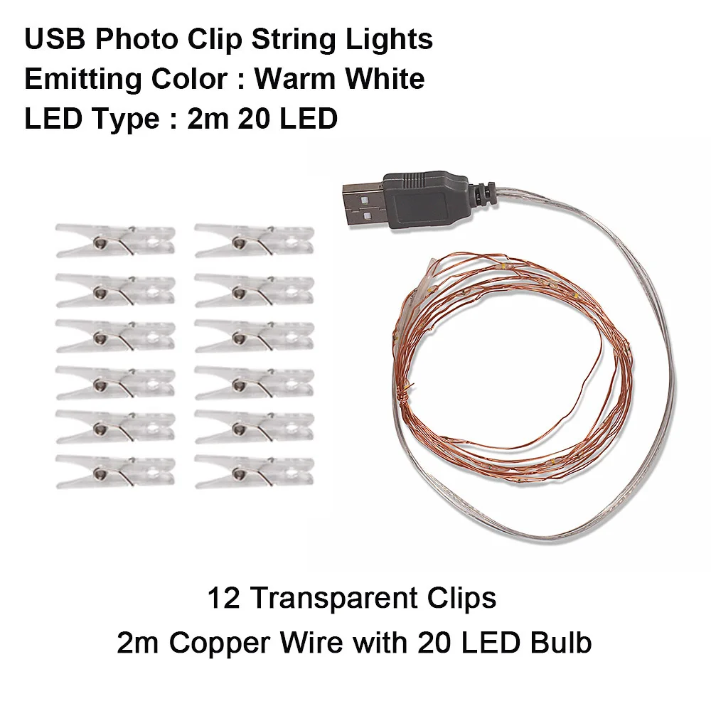 Фото клип USB светодиодный струнный светильник медный провод 10 м светодиодный Сказочный свет Рождественская гирлянда наружное/внутреннее украшение для дома Свадебная вечеринка - Испускаемый цвет: 2m 20LED