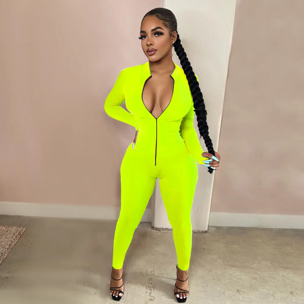 

Autumn Fashion Women Neon Green Zipper Jumpsuit Ladies Casual Long Sleeve Finger Cot Streetwear Rompers Plus Size Pink Outfits