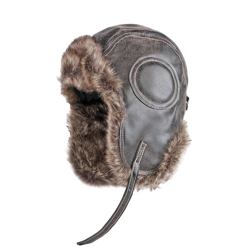 Earflap Ushanka Warm Fur Hat Leather Army Helmet Bomber Men Trapper Pilot Aviator Costume Cap With Goggle Soviet For Women thermal aviator bomber hat Bomber Hats