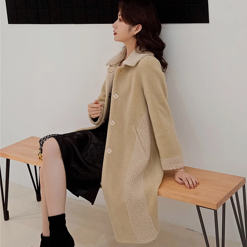 Beige Женское пальто зимняя новая бархатная куртка женская меховая с одной пряжкой однотонная Свободная Женская куртка с отворотом пальто из чистой шерсти - Цвет: Beige