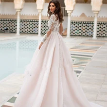 

Elegant O Neck Sweep Train Wedding Gown For Woman With Sleeves Illusion Simple A Line Button Back Vestidos De Novia 2021