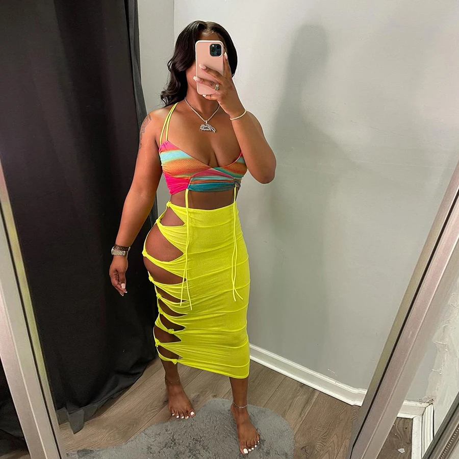 

DSMTRC Women Sexy Hollow Y2k Maxi Skirts New Fashion Skinny Stretch High Waist Clubwear Summer Vacation Outfits Streetwear 2021