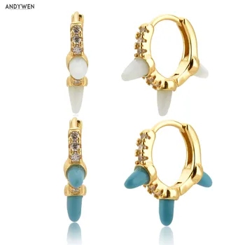 

ANDYWEN 925 Sterling Silver 8.9mm Three Spike Gemstone Hoops Earring White Turquoises Spike Luxury Fine Jewelry For European