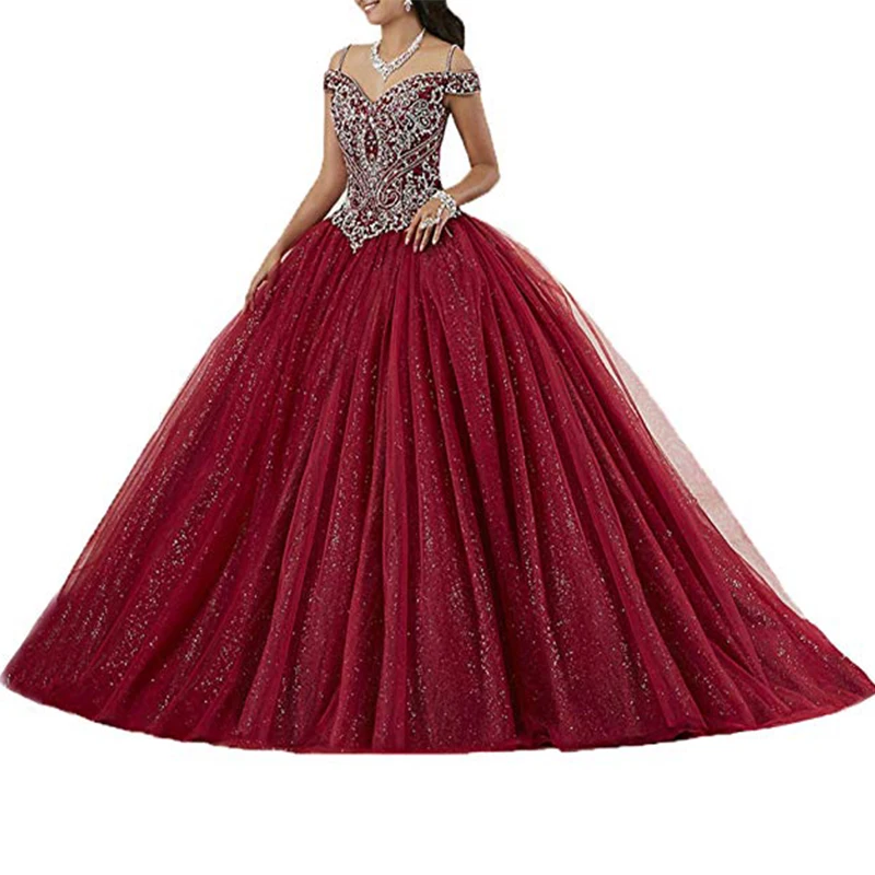 

Burgundy Quinceanera Dress Formal Tulle Birthday Dress Party Off the Shoulder Beaded Ball Gown Elegant Prom Dresses Sweet 15 16