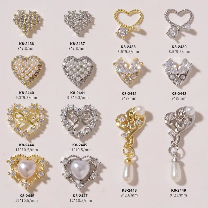

2 Pcs Heart Luxury Zircon Pearl 3D Nail Art Decoration Shiny Alloy Diamond Crystal Jewelry Manicure Design Accessories