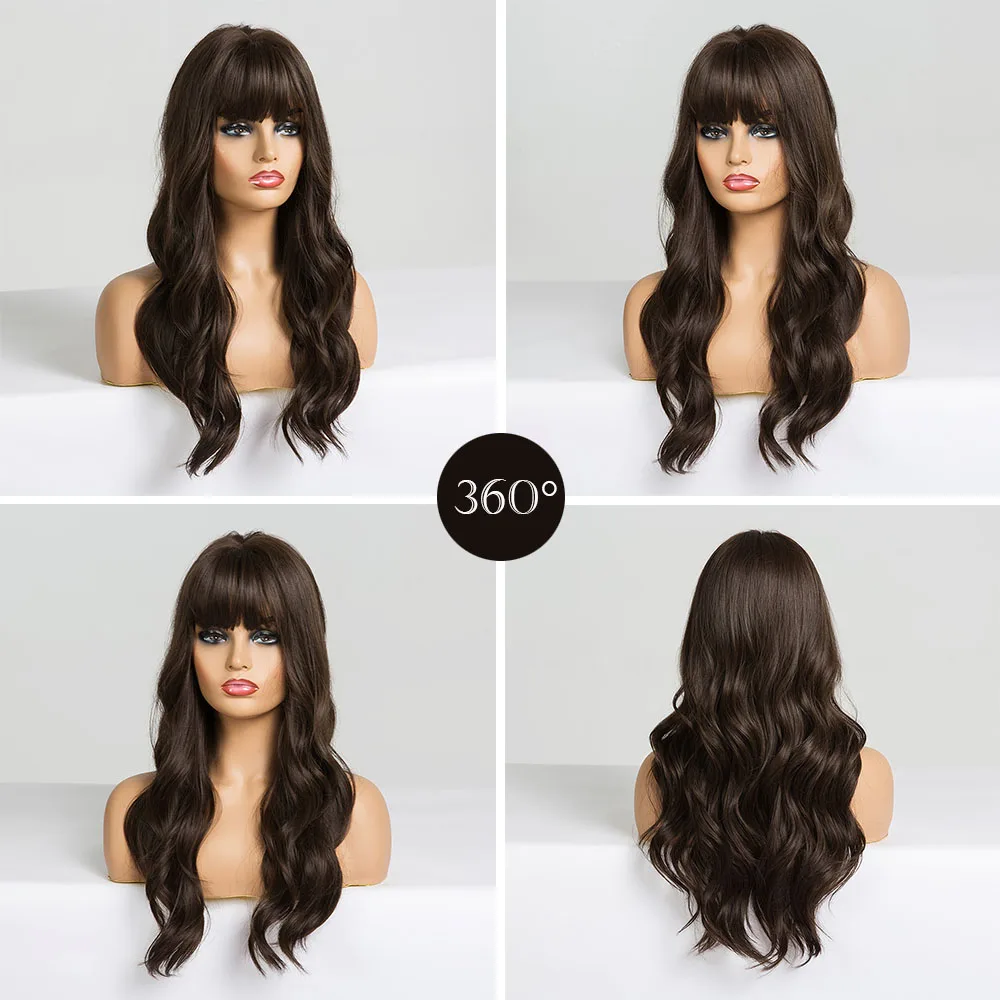 EASIHAIR Long Dark Brown Women's Wigs with Bangs Water Wave Heat Resistant Synthetic Wigs for Black Women African American Hair