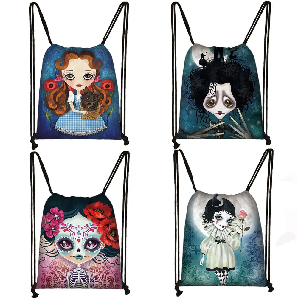 Girl Backpack Drawstring-Bag Gothic Portable Women Shoulder-Bags Travel Cartoon for Ladies