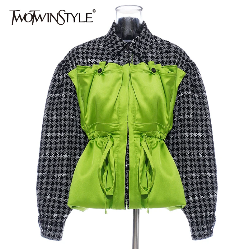 

TWOTWINSTYLE Patchwork Hit Color Jacket For Women Lapel Collar Lantern Long Sleeve High Waist Drawstring Female Coat Fashion New