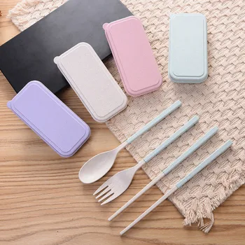 

Portable Wheat Straw Fork Cutlery Set Foldable Folding Chopsticks Cutlery Set With Box Picnic Camping Travel Tableware 3Pcs Set