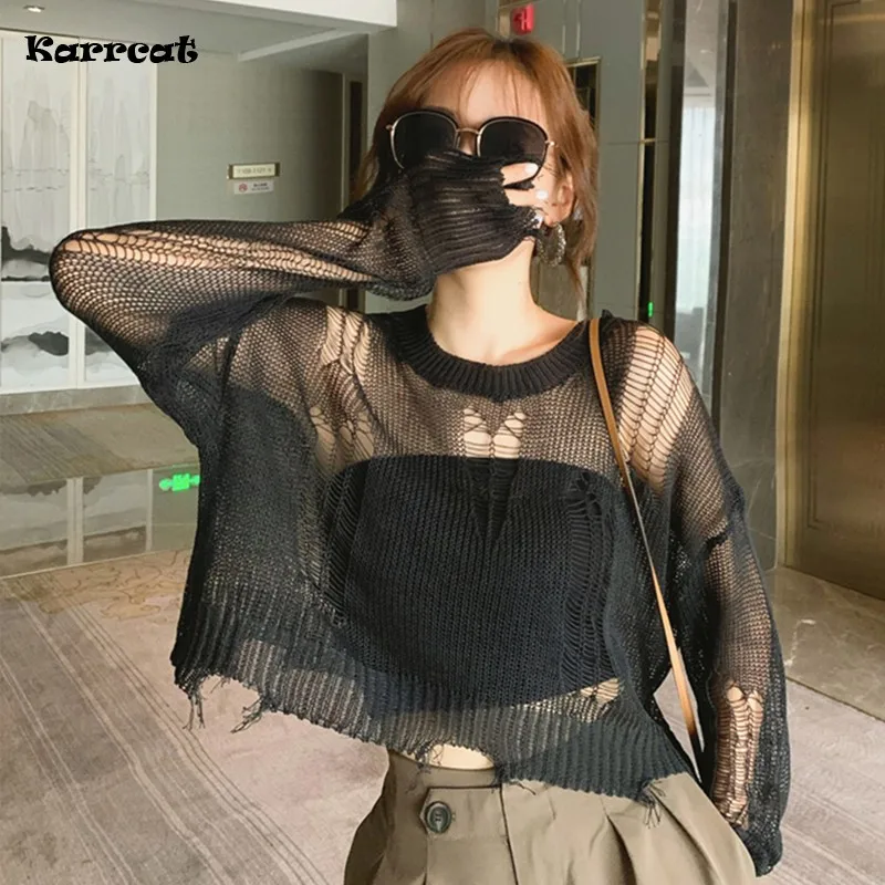 Женский тонкий пуловер в готическом стиле Karrcat черный свободный свитер с