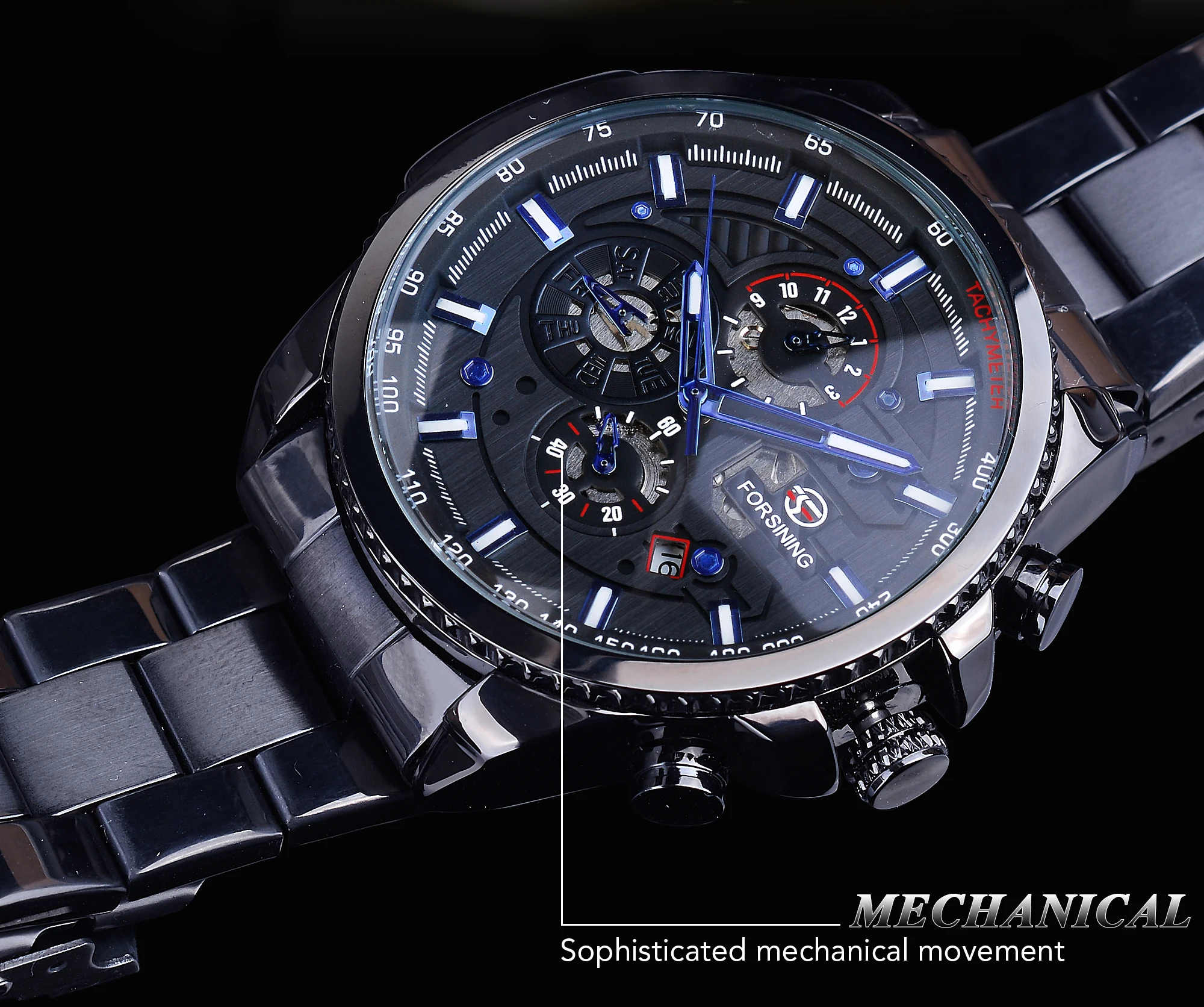 Forsining Orologio da polso meccanico impermeabile da uomo con 3 quadranti, stile sportivo, automatico, da uomo, per esterni, in acciaio, con calendario nero._voghion.com