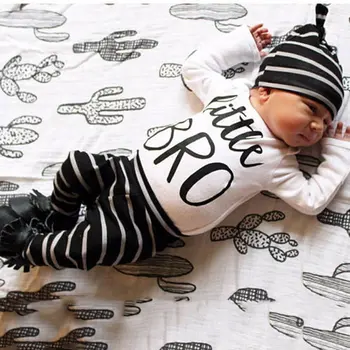

Fashion Unisex Baby Clothing Set Letters Print T-shirt + Striped Long Trousers for Autumn Winter with Striped Knitting Hat