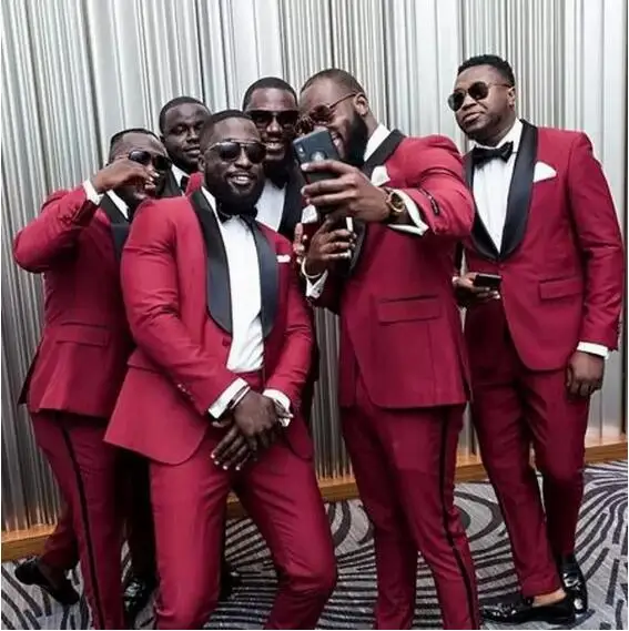 Classy Burgundy Wedding Tuxedos One Button Mens Suits Slim Fit Shawl Lapel Prom BestMan Groomsmen Blazer( Jacket+Pants+Bowtie)
