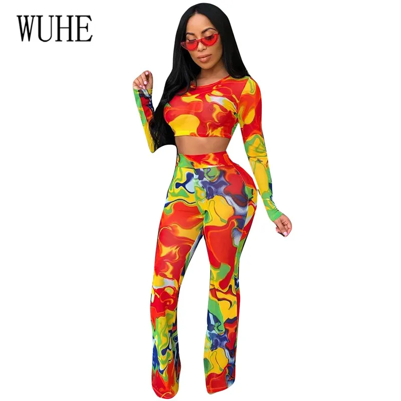 

WUHE Print 2 Pieces Sets Tie-dyed Jumpsuits Casual Long Sleeve O-neck Boho Printed Leisure Rompers Fashion Bodysuits for Female