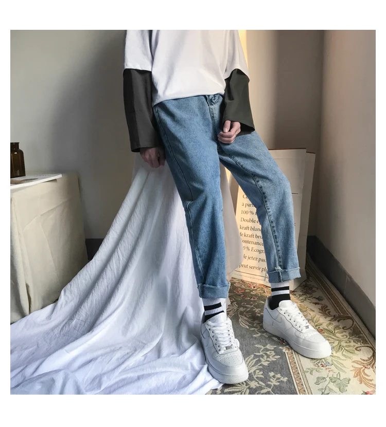 Liketkit мужские джинсовые штаны-шаровары новые осенние однотонные повседневные облегающие мужские джинсы корейские модные прямые синие брюки
