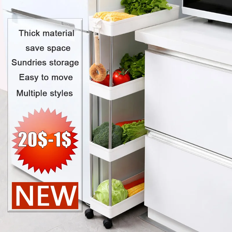 2/3/4 Layer Gap Storage Rack Kitchen Slim Slide Tower Movable Assemble  Plastic Bathroom Shelf Wheels Space Saving Organizer 