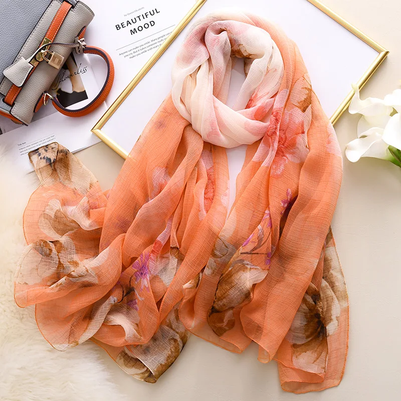 

Crocodile Wrinkles Gradient Silk Scarf Women Large Size Shawls and Wrap Floral Print Pashmina Lady Beach Towel Thin Winter Scarf