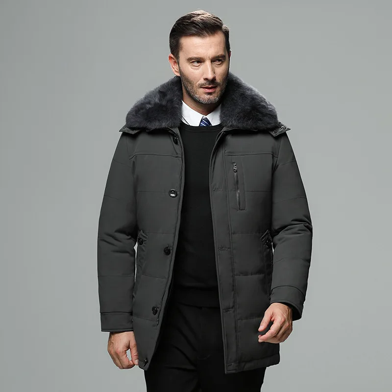 Мужская теплая куртка-пуховик на молнии с меховым воротником и капюшоном, Мужское пальто, пуховик на утином пуху, зимние куртки для мужчин