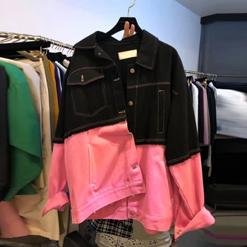 

2020 new Spring Single Breasted Oversized Pockets Denim Jacket Spliced Jeans Jackets women Vintage Loose Basic Coat Femme PY108