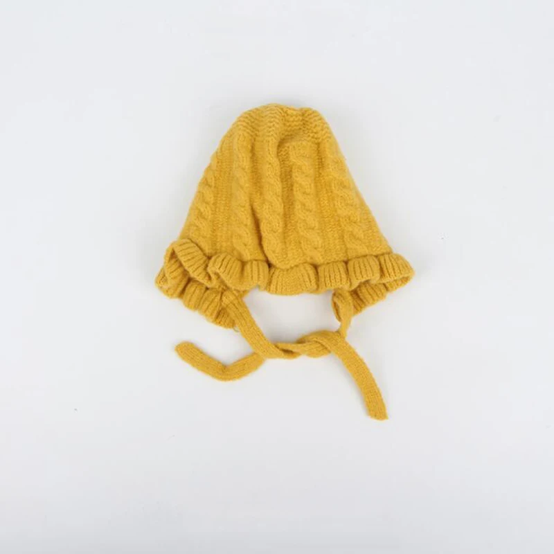Шапки для девочек, красивые розовые осенние шапочки с бантом, высокое качество, вязаная теплая Защитная повязка с ушками, зимняя шапка - Цвет: yellow
