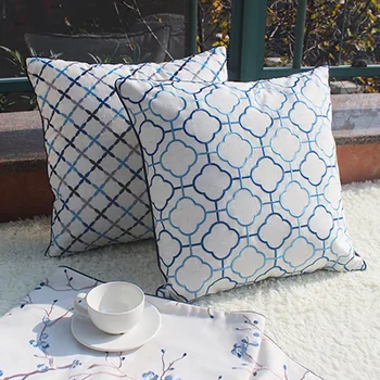 

DUNXDECO Cushion Cover Decorative Pillow Case Simple Chinese Geometric Embroidery Blue Coussin Modern Home Office Sofa Deco