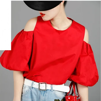 

2019 Spring Summer Red Chiffon Blouse For Women Strapless Lantern Half Sleeve Shirt Round Collar All-match Tops YH219