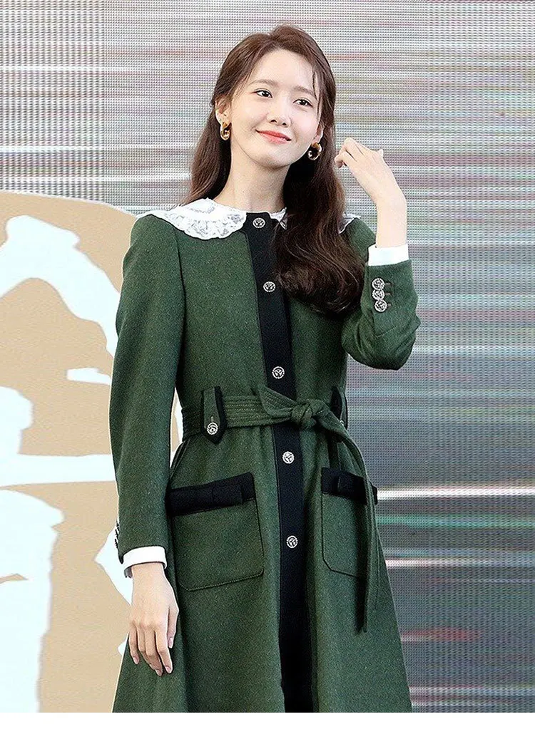 Осенне-зимняя шерстяная куртка Lim Yoona в стиле знаменитостей армейского зеленого цвета, Женская приталенная облегающая куртка средней длины со шнуровкой