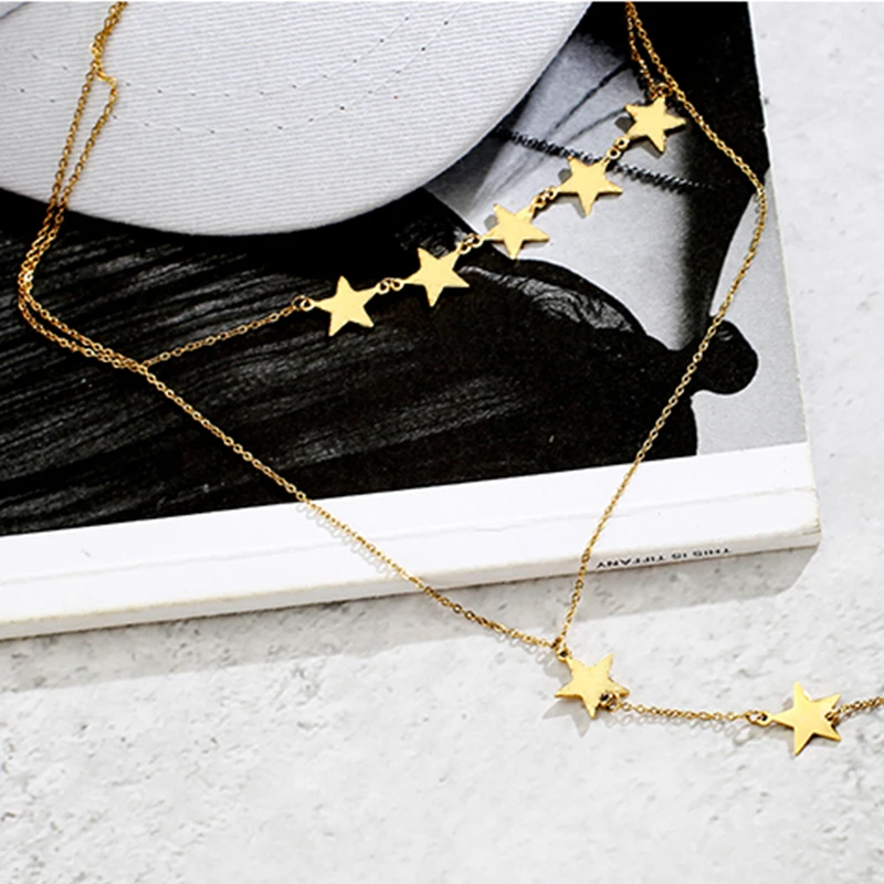 New Multilayer Long Pendant Stainless Steel Endant Women Gold Silver Color Beads Moon Star Horn Crescent Chain Choker Necklaces - Image 3